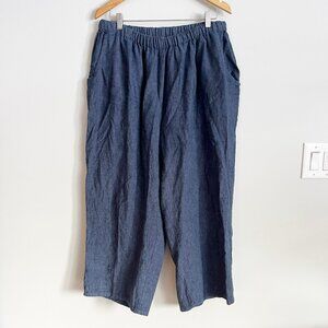 FLAX Pants Size 1G 18/20 Linen Wide-Leg Cropped Pockets Blue Lagenlook Natural